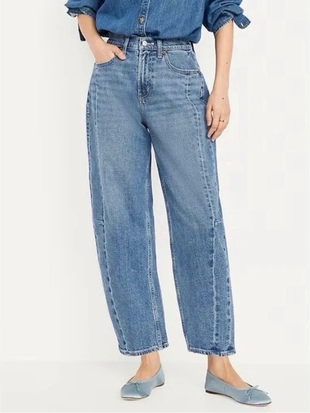 Old Navy Medium Wash High Rise Wow Baggy Barrel Leg Jeans Pansy Wash 12 Petite